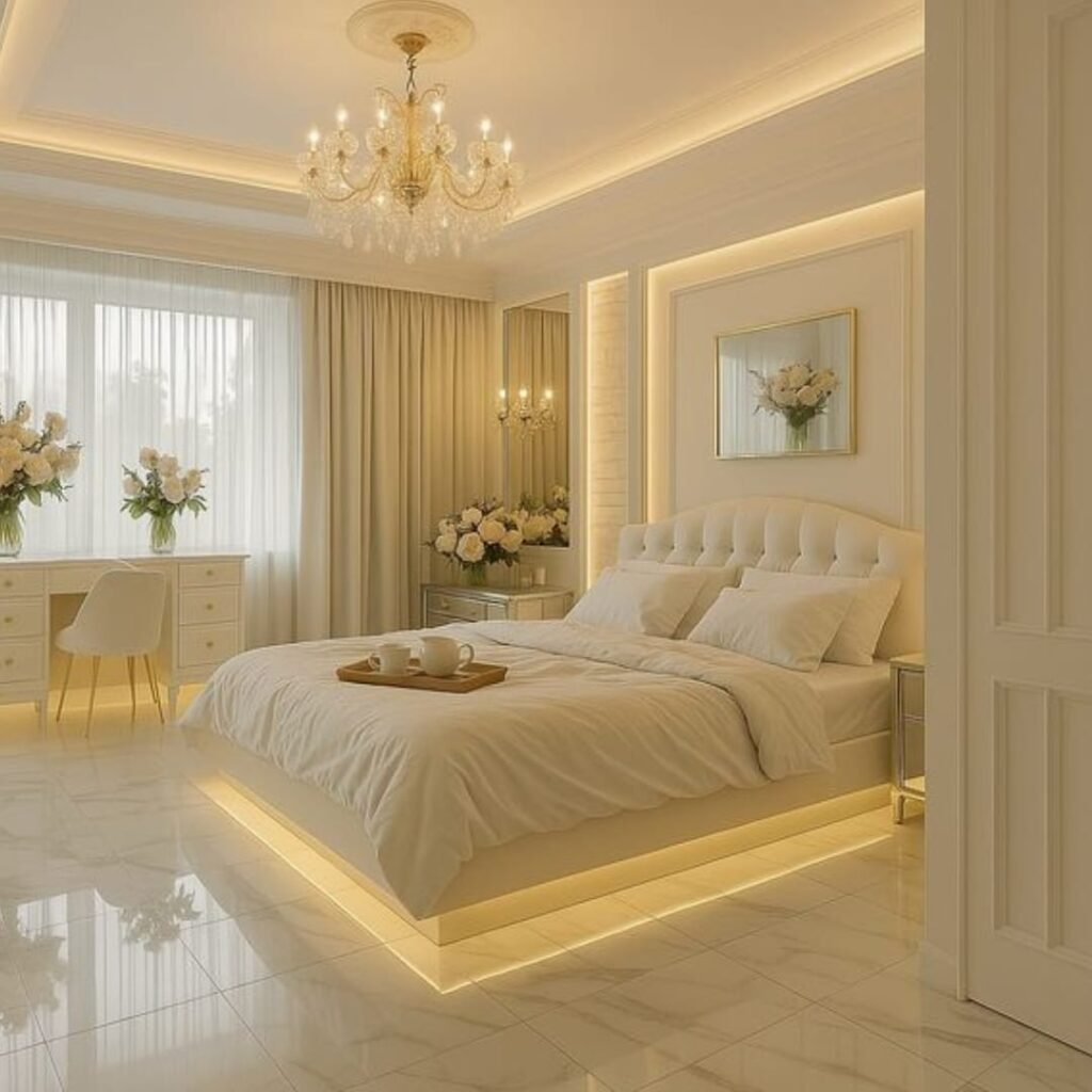Elegant bedroom with wooden headboard, warm lighting, modern furniture, and soft color palette