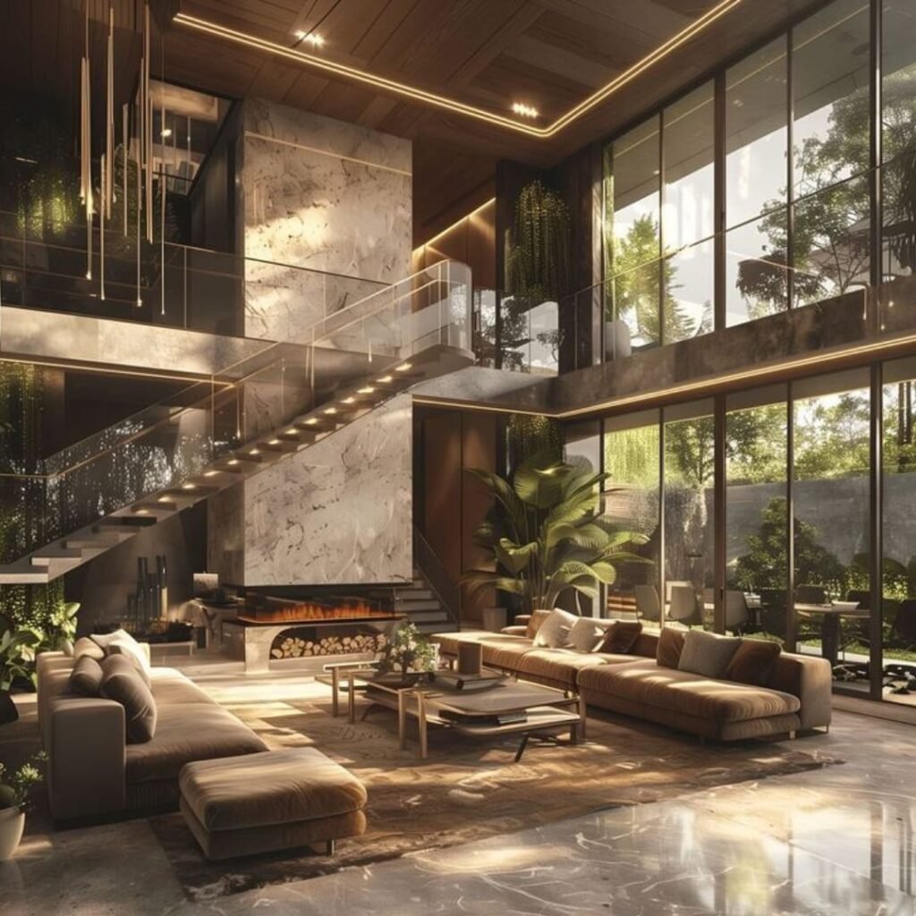 Premium residential interior with customized furniture, lighting, and modern decor