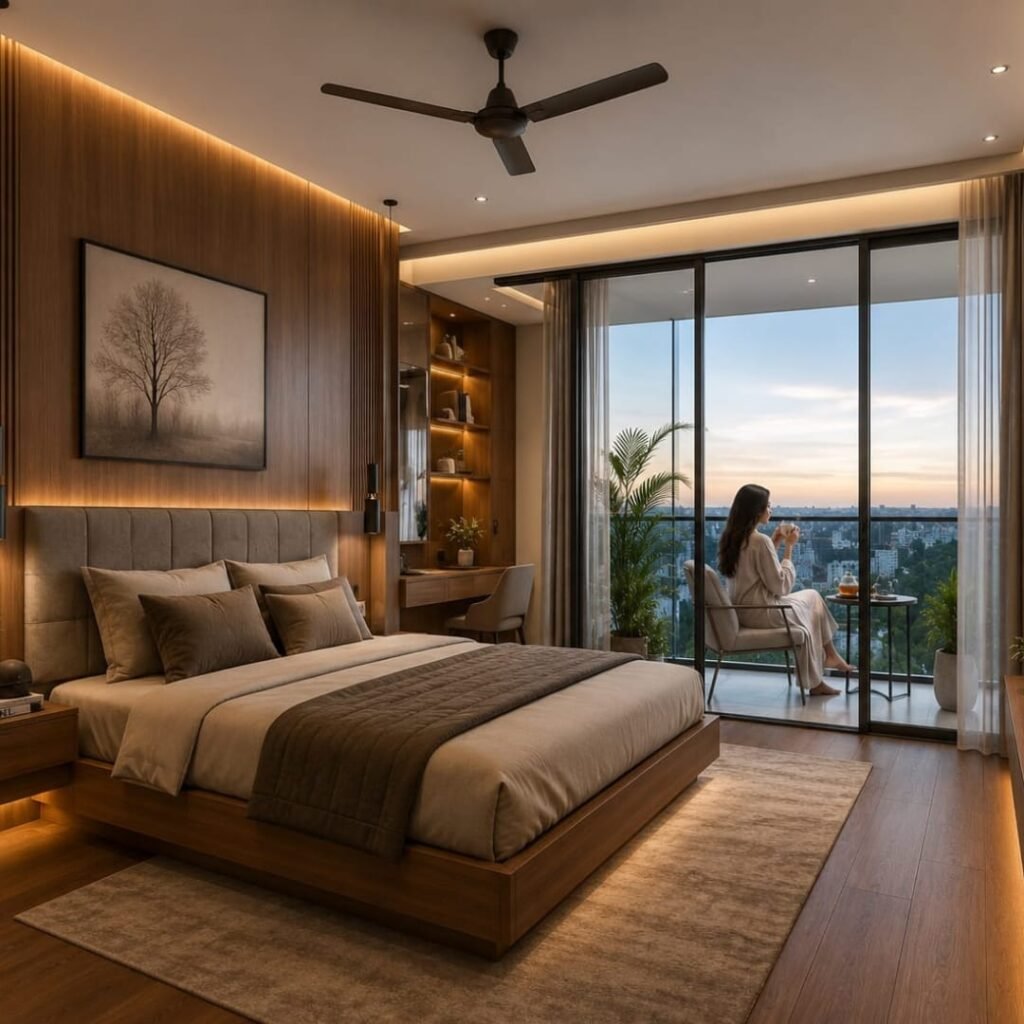 Modern wooden wardrobe with sliding doors and organized storage