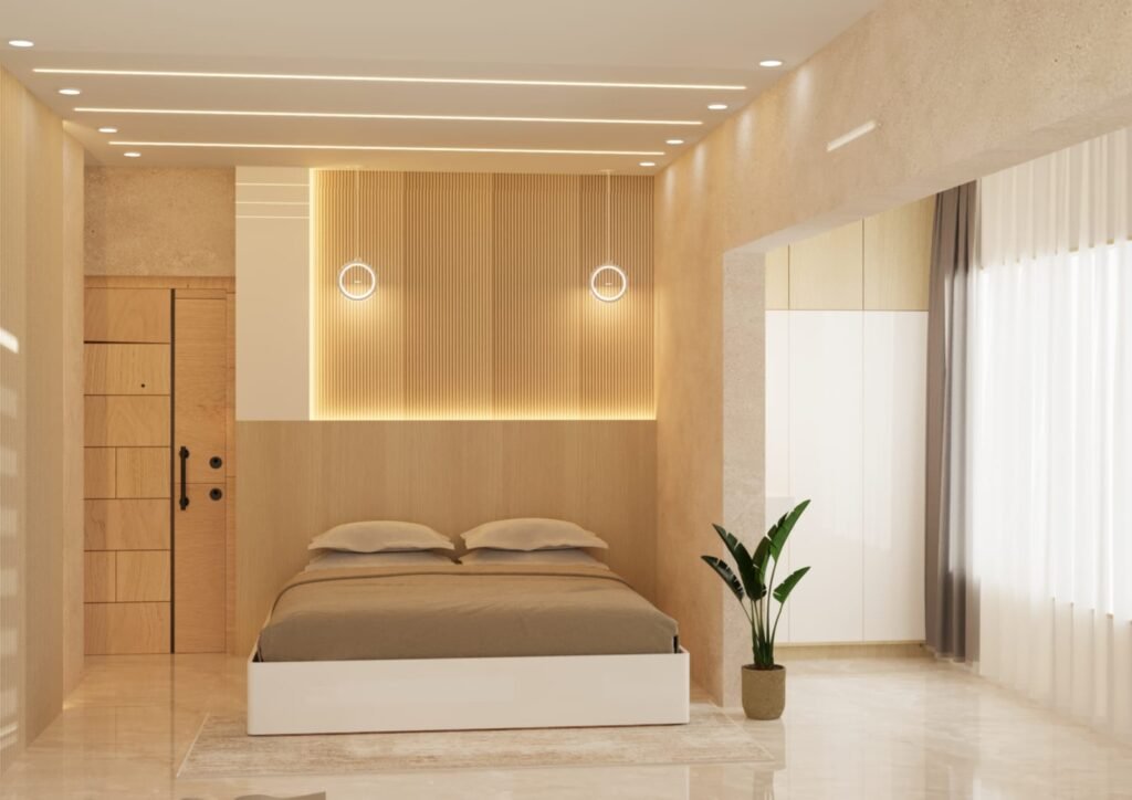 Elegant bedroom with wooden headboard, warm lighting, modern furniture, and soft color palette